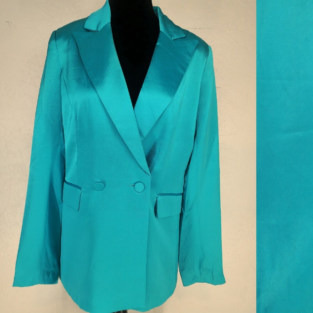 House of Harlow 1960 Teal Blue Satin Double Breasted Blazer Jacket Small Womens